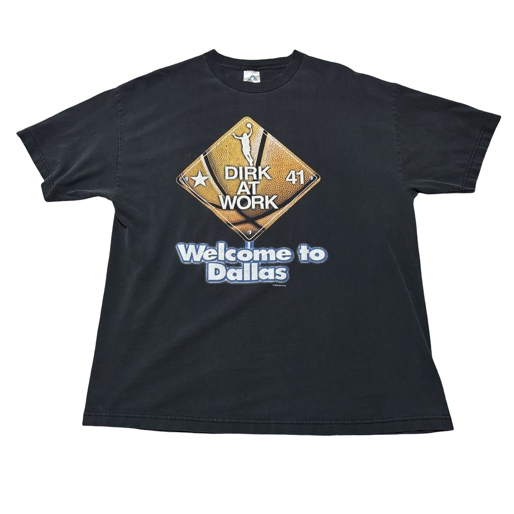 Vintage‎ Dirk Nowitzki "DIRK AT WORK" T Shirt Faded Black Size XL 23 x 29